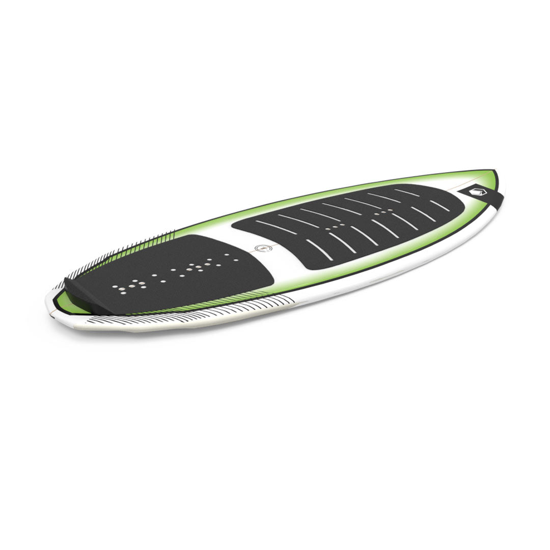 Top angled view of 24 TC Skim board features a green and black design with a textured deck, viewed from above.