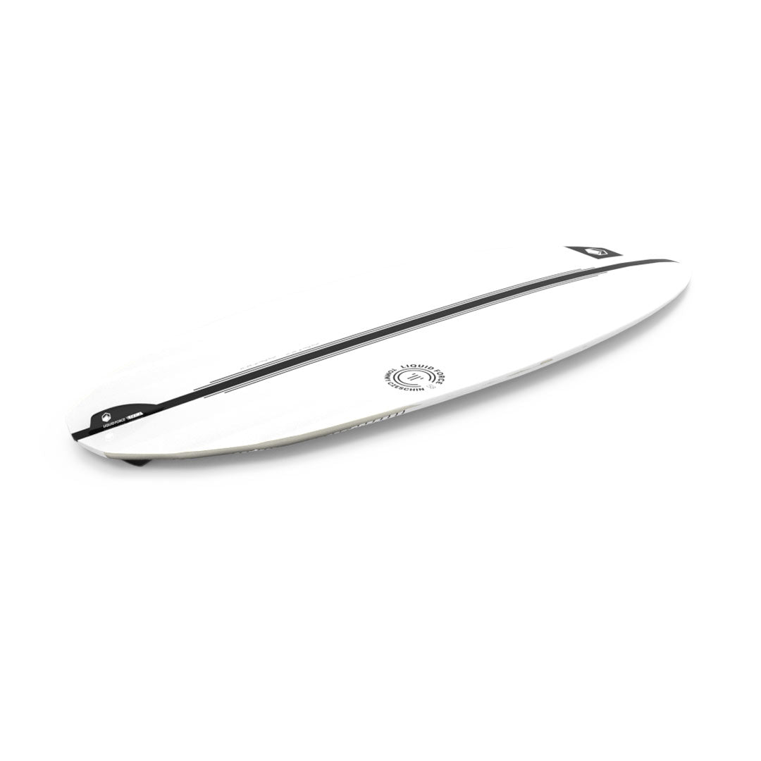 Bottom angled view of 24 TC Skim: white board featuring a black stripe and circular design on a white base.