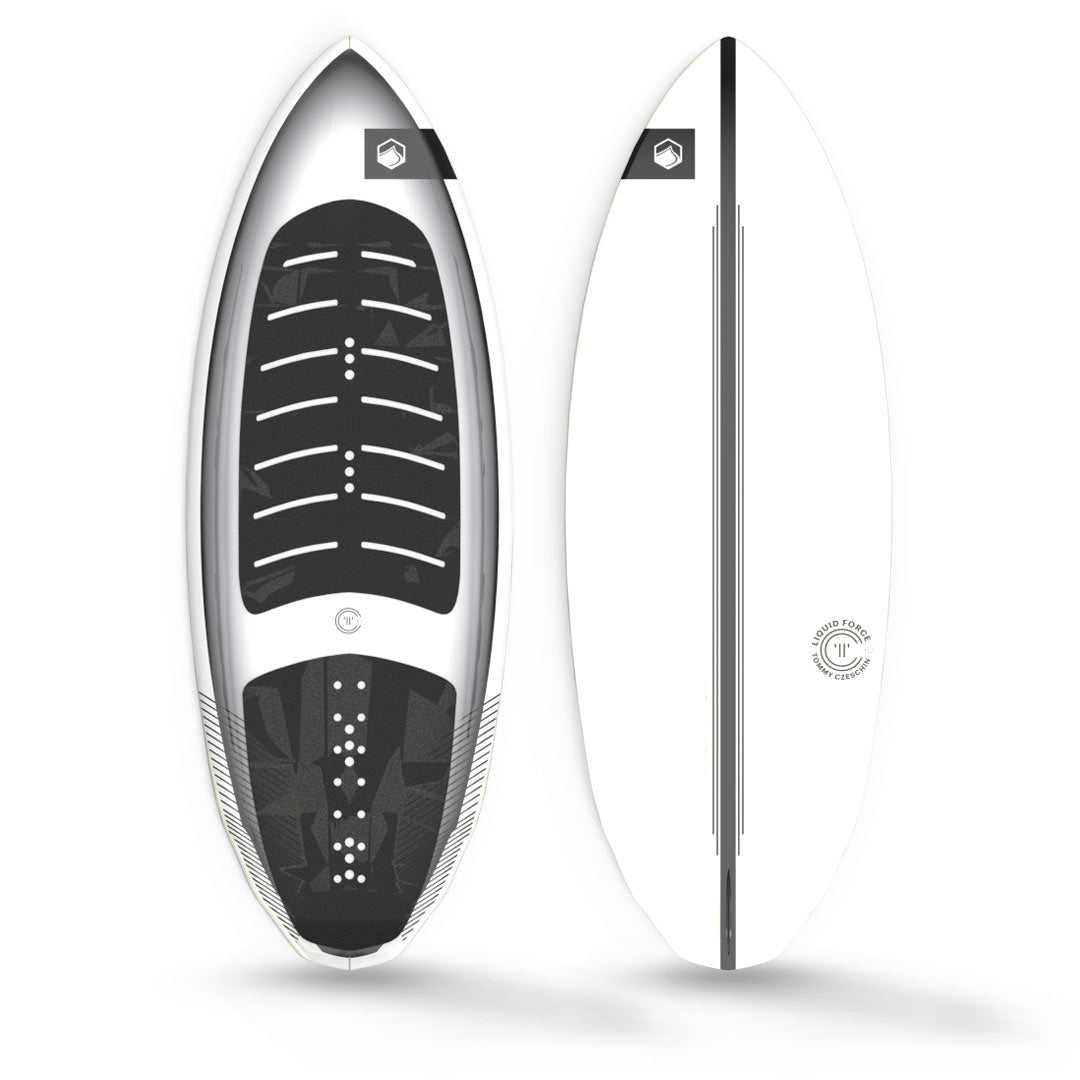 Top and bottom views of the 24 TC Skim in white with black accents and liquid force branding.