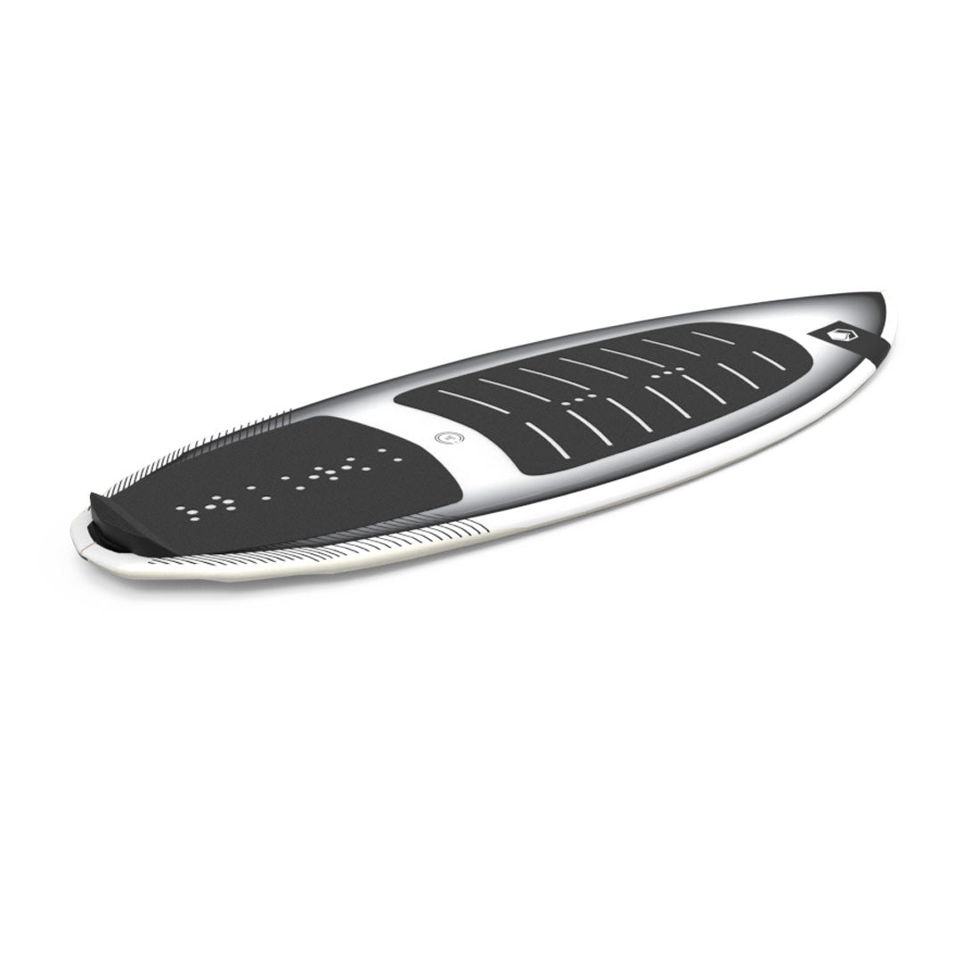 Top angled view of 24 TC Skim: wakesurfer with black grip and white edges on white background.
