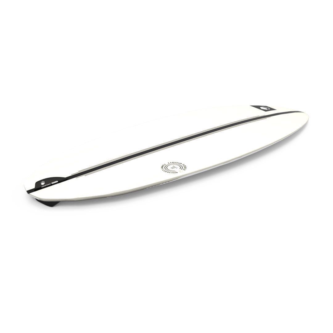 Bottom angled view of 24 TC Skim wakesurfer: white with a black stripe and central logo on a plain background.