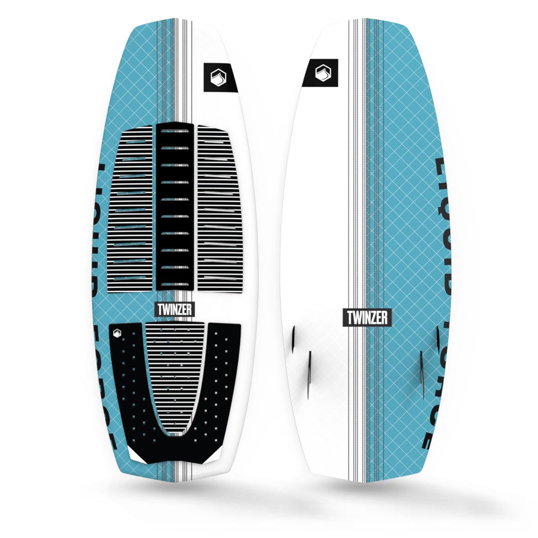 Top and Bottom View of 24 Twinzer wakesurf board in blue and white with logo and graphics.