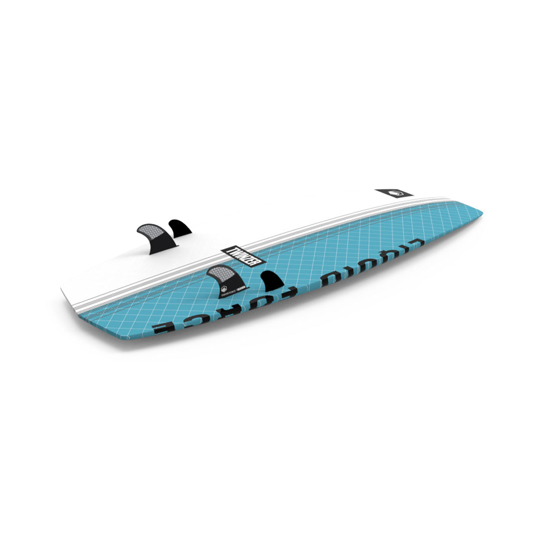 Bottom angled view of 24 Twinzer: Turquoise board, black fins, white accents on a white backdrop.
