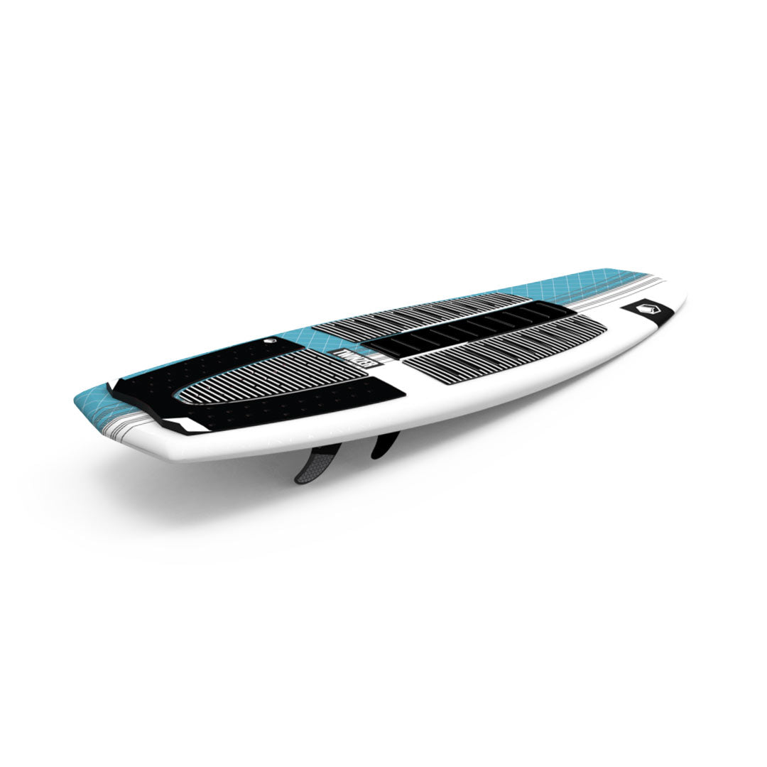 Top angled view of 24 Twinzer wakesurfer: white with a black/blue design and fins underneath.