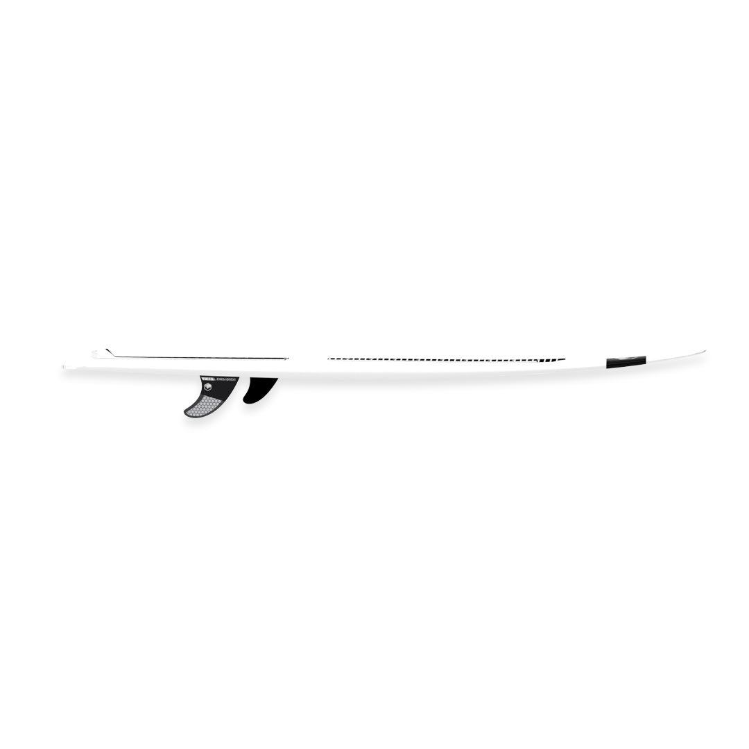 Side view of the 24 Twinzer wakesurfer with black fins, minimalistic design on a white background.