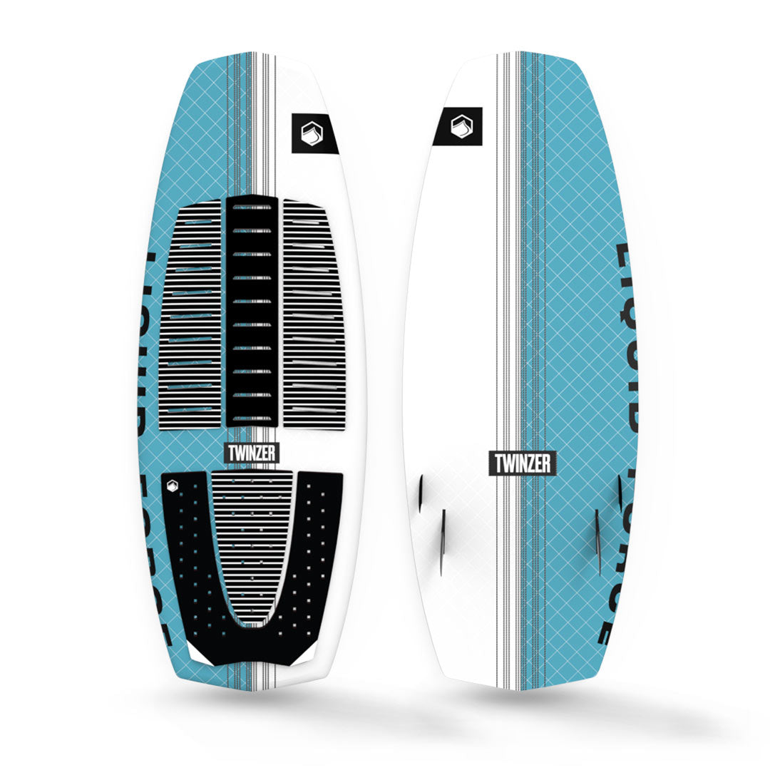 Top and bottom view of 24 Twinzer wakesurf board with blue/white stripes.
